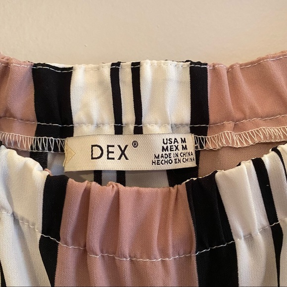 DEX Pink striped dress. Off the shoulder. Elastic waist with accent belt. - Picture 4 of 12